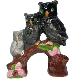 VTG 3 Owls on a Tree Trunk Hand Painted Glazed Pottery Artisan Dot C. Smith 1980